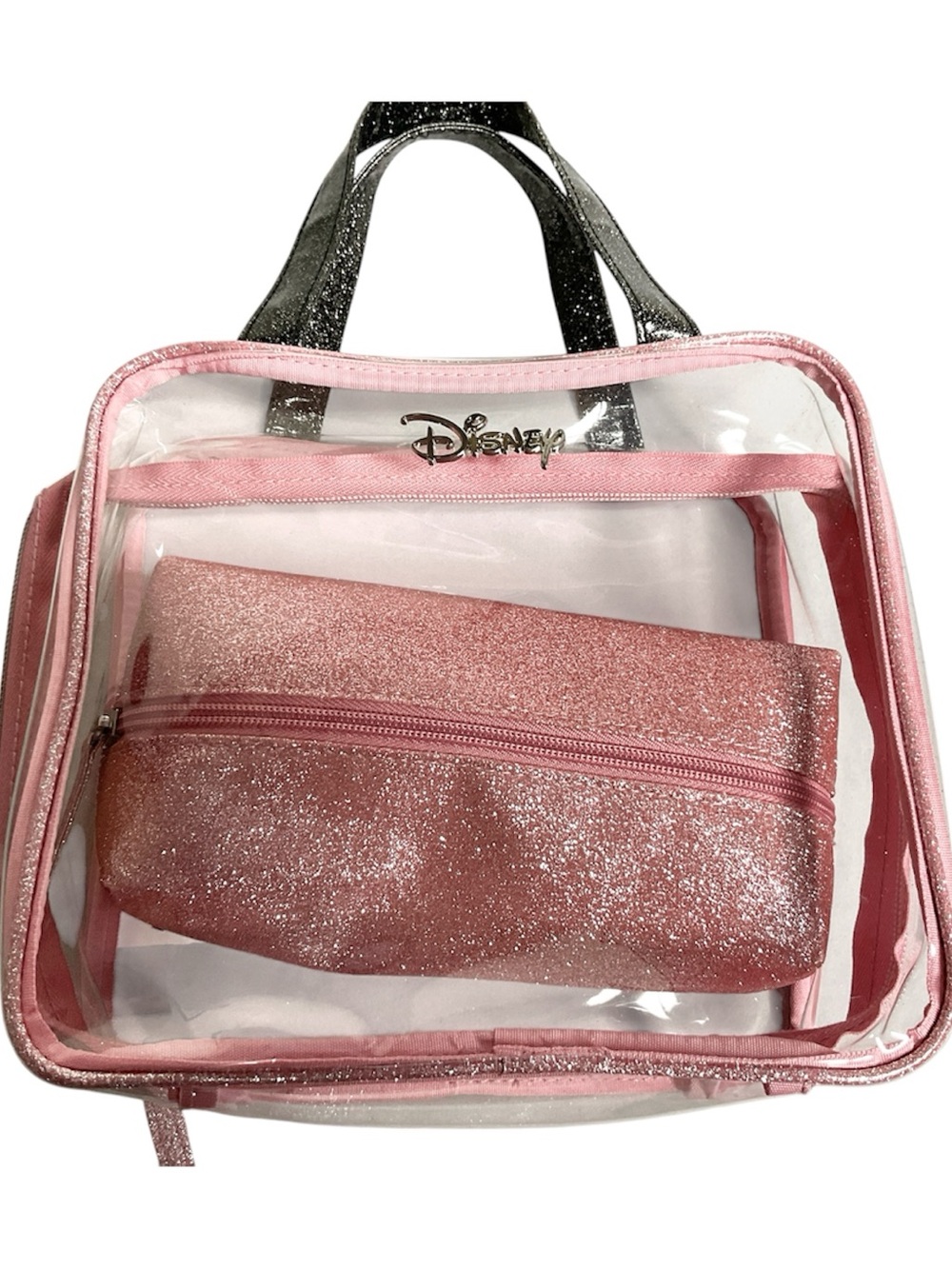 Disney Clear Pink Glitter Tote with Matching Glitter Pouch 8 in x 10 in